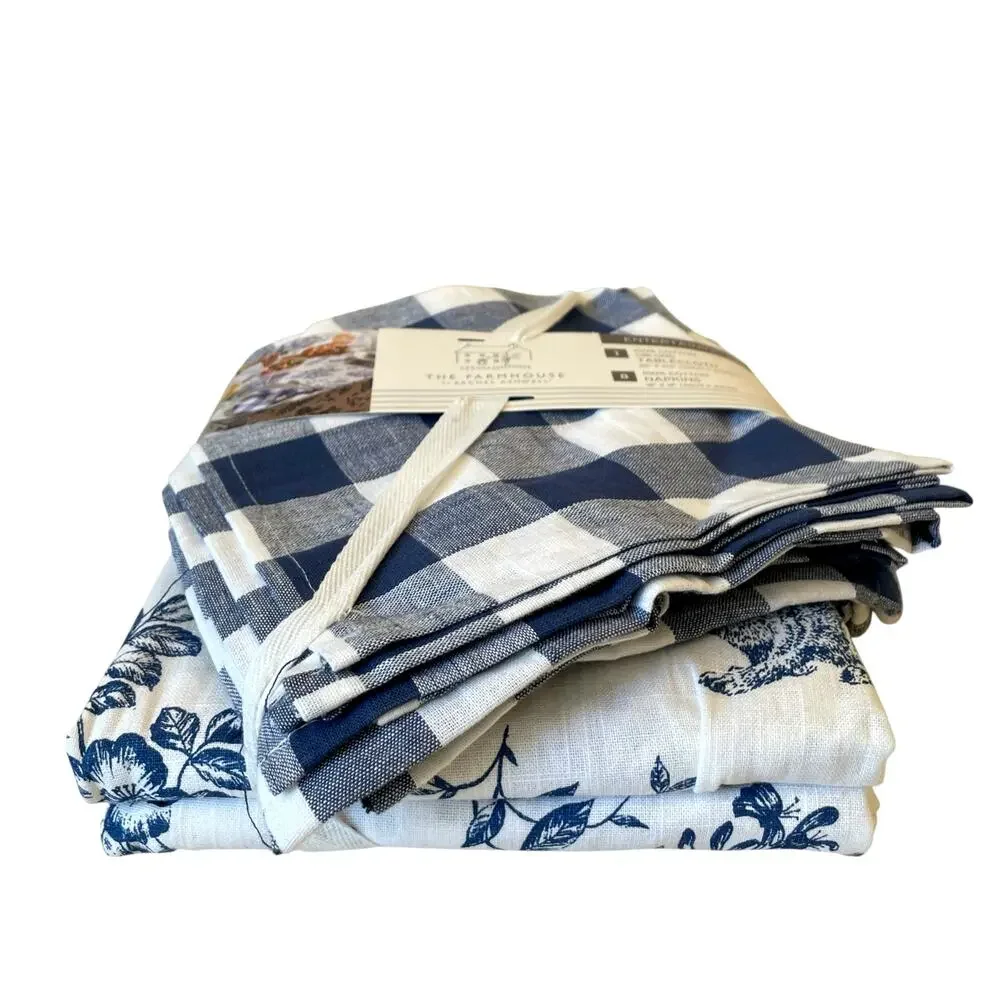 7pc Farmhouse Easter Bunny Tablecloth 60x84 Gingham Napkin Set Blue White NEW
